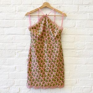 Dao Chloe Dao || High Neck Scalloped Lace Mini Dress Floral Pink Green Small